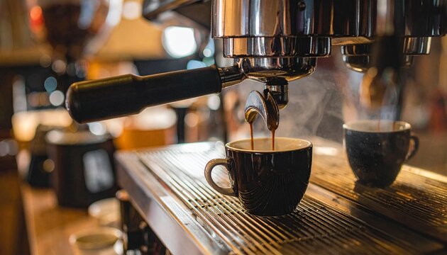 A professional barista uses a fresh espresso coffee maker in a cafe to prepare a hot caffeine beverage and pour a black morning drink into a ceramic cup for a breakfast break