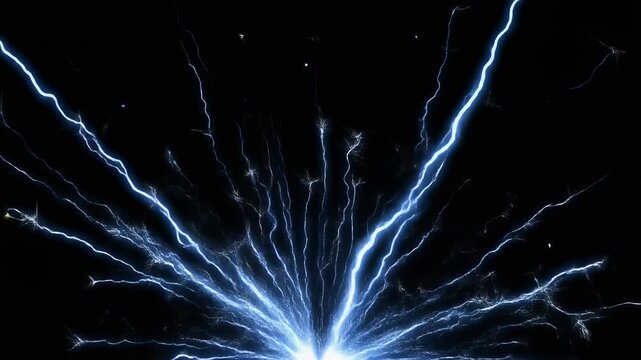 Dynamic Electrical Discharge with Blue Lightning Bolts on a Black Background.