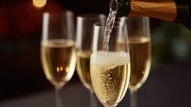 Bottle of champagne being poured into a glass. the bottle is tilted to the right side of the image and the glass is filled with a golden-colored liquid. the liquid appears to be sparkling and bubbly.