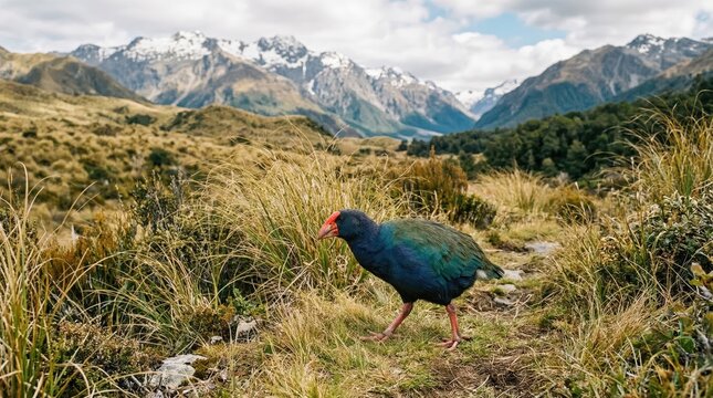 A blue and green takahe bird walks through a grassy mountain valley in New Zealand, alpine nature, wildlife conservation, flightless bird.
