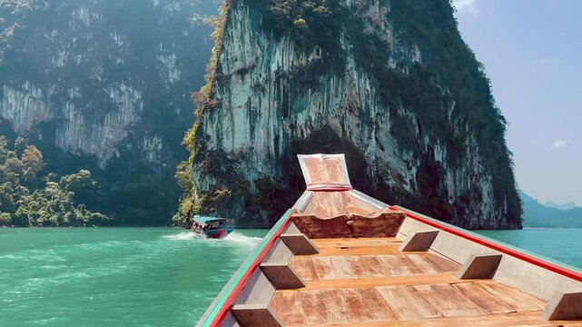 Bow of the boat moving through the beautiful limestone cliffs on the lake in Kao Sok National Park in Thailand