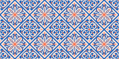 Mediterranean seamless pattern with blue ceramic tiles. Portuguese floral ornament for mosaic background design. Geometric geometric azulejo vintage traditional decor. © Chorna_L