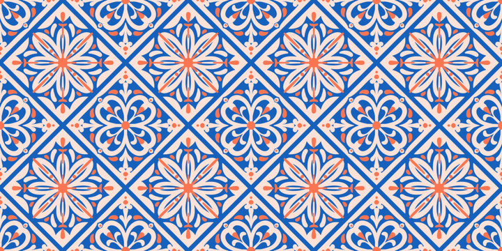 Mediterranean seamless pattern with blue ceramic tiles. Portuguese floral ornament for mosaic background design. Geometric geometric azulejo vintage traditional decor.