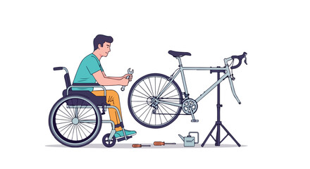 Fototapeta premium Person in wheelchair repairs bicycle with tools, including wrench, screwdriver, and oil can