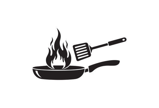 Vector cooking icon set with frying pan and spatula