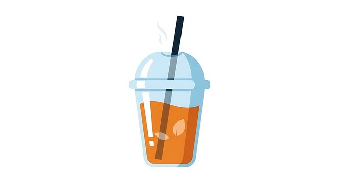 A refreshing, orange-colored beverage in a clear, plastic cup with a dome lid and a black straw, with a few ice cubes