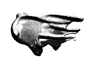 Black paint smear with rough grainy texture isolated on light background. Abstract grunge brush stroke with splatter effect creating bold artistic composition. Suitable for modern design, posters.