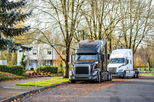 Two black and white big rig semi truck tractors without semi trailers standing in line on the autumn city road waiting for the next route