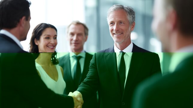 Collage of three photographs of a group of people in a meeting. the first photograph on the top left shows a man and a woman shaking hands and smiling at each other.