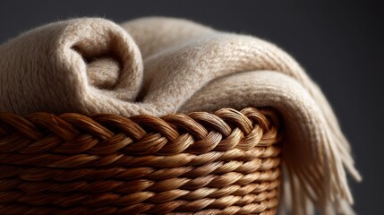Obraz premium Close-up of a woven basket. the basket is made of light-colored wood and has a woven texture. inside the basket, there is a beige-colored blanket folded neatly.