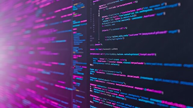 Abstract glowing programming code background with neon colors and futuristic digital interface design
