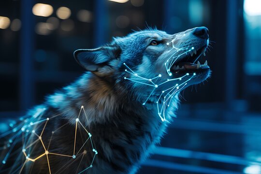 Cybernetic wolf howling at the digital moon in a futuristic cityscape