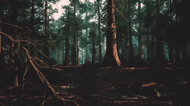 dense pine forest at dusk, soft mist and amber light filter through tall trunks, mossy floor dotted with roots and pinecones, cinematic slow pan revealing