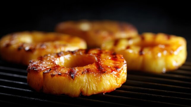 Three grilled pineapples on a black grill. the pineapple slices are golden brown and appear to be seasoned with herbs and spices.