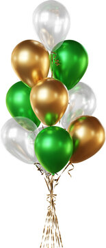 Balloon bouquet in green, gold, and transparent white, isolated on a transparent background. A bunch of realistic balloons for St. Patrick&rsquo;s Day, eco-themed, and spring party designs.