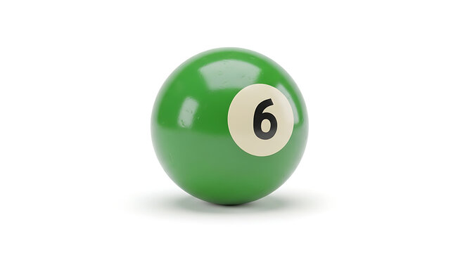 A bright green six-ball rests on a white surface
