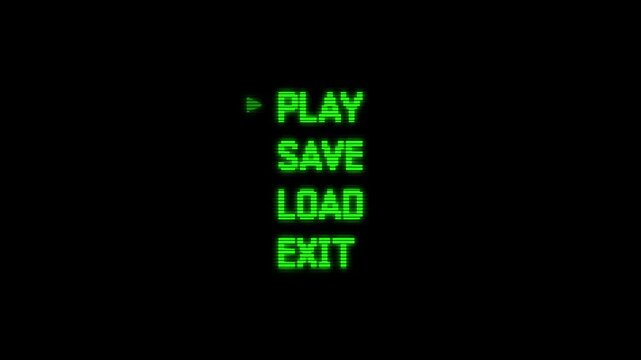 Futuristic cyber neon green digital English game title screen play, save, load, exit text animation video 4k 30fps
