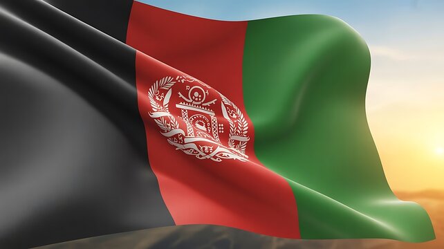 Afghanistan flag waving under golden sunset sky