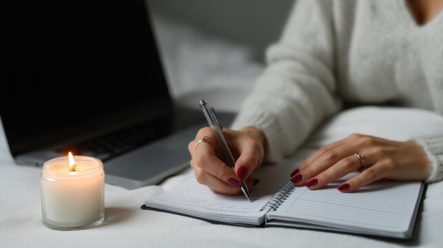 Person's hands holding a pen and writing in a notebook. the notebook is open and the person is sitting at a desk with a laptop in the background.