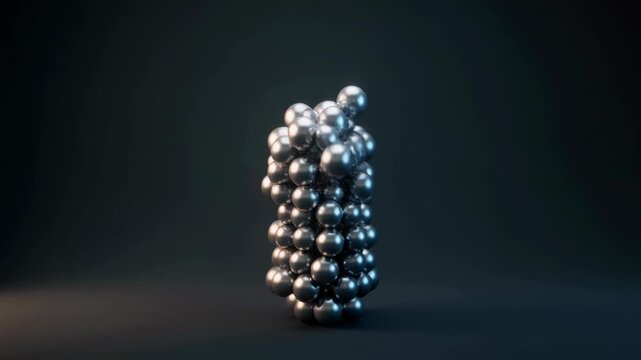 Metallic magnetic spheres self-assembling into a dynamic tower structure on a dark background.
