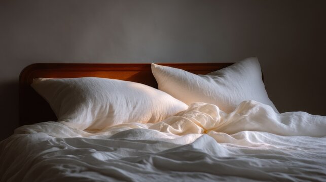 Bed with white sheets and two white pillows on top of it. the bed has a wooden headboard and the background is a plain grey wall.