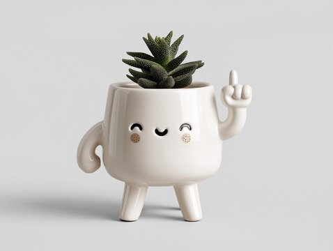 -a white ceramic planter with legs and arms, featuring a smiling face and holding up a middle finger gesture