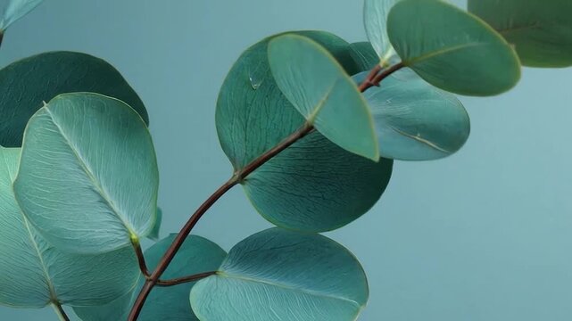 Close-up of a branch with round, blue-green leaves against a solid background