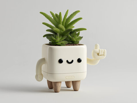 -a white ceramic planter with legs and arms, featuring a smiling face and holding up a middle finger gesture