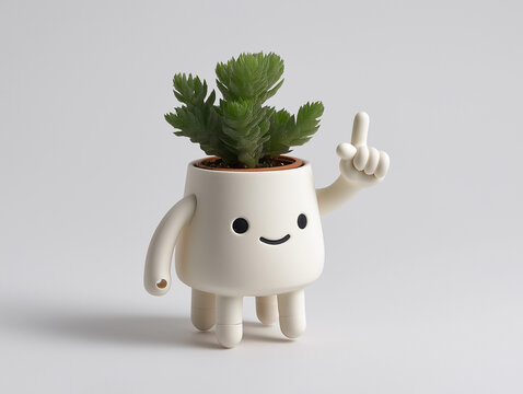 -a white ceramic planter with legs and arms, featuring a smiling face and holding up a middle finger gesture