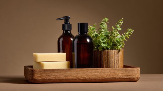Wooden tray with three items on it. on the left side of the tray, there are two brown glass bottles with black pump dispensers. next to the bottles, there is a small potted plant with green leaves.