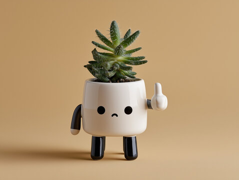 -a white ceramic planter with legs and arms, featuring a smiling face and holding up a middle finger gesture