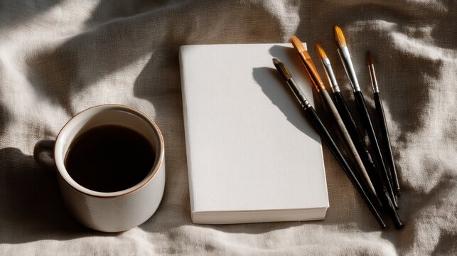 White notebook with a few paintbrushes lying next to it on a beige fabric background. on the left side of the image, there is a white mug filled with black coffee.