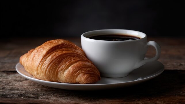 White cup of coffee and a croissant on a wooden table. the cup is filled with dark coffee and is placed on a white saucer. the croissante is golden brown and appears to be freshly baked.