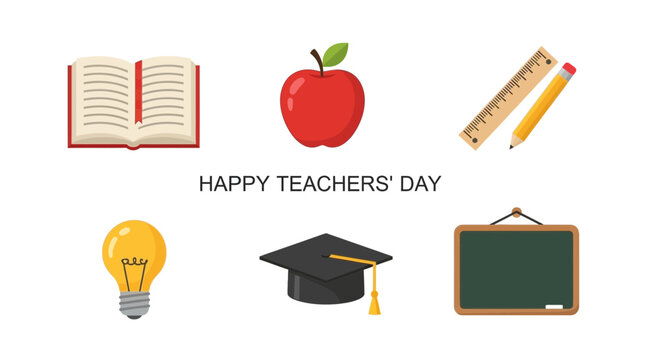 An illustration for Happy Teachers Day featuring six educational icons on a white background