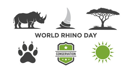 Graphic collage for World Rhino Day featuring rhino silhouette horn tree paw print shield and sun © Agung