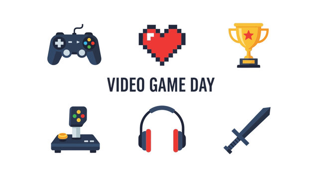 Flat design icons related to gaming surrounding central VIDEO GAME DAY text