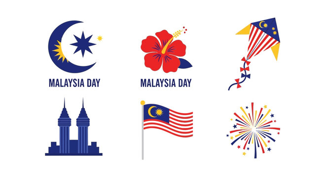 Collection of six blue red and yellow graphic icons celebrating Malaysia Day