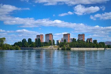Obraz premium Beautiful panoramic aerial drone view to the confluence of the rivers Irtysh and Ulba in Oskemen, UST-KAMENOGORSK, KAZAKHSTAN (QAZAQSTAN)