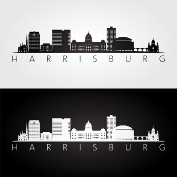 Harrisburg, PA skyline and landmarks silhouette, black and white design, vector illustration.  