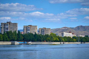 Fototapeta premium Beautiful panoramic aerial drone view to the confluence of the rivers Irtysh and Ulba in Oskemen, UST-KAMENOGORSK, KAZAKHSTAN (QAZAQSTAN)