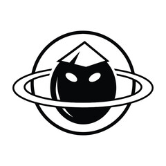 Black and white circular icon with stylized face and planetary rings in minimalist design © Munzeerin's Vector