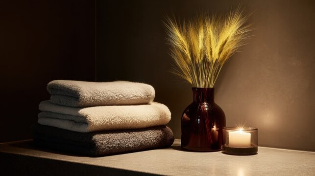 Stack of folded white towels on a wooden surface. next to the stack, there is a brown glass vase with a bunch of yellow wheat stalks in it.