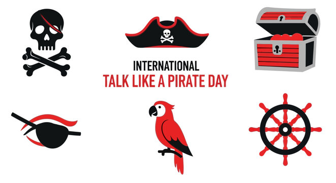 Piratethemed graphics surrounding central text celebrating International Talk Like a Pirate Day