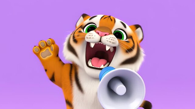 Cute Animated Tiger Cub Shouting Through Megaphone