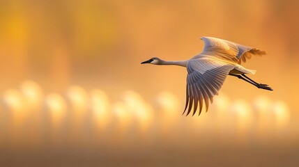 Obraz premium determinedly. A leading bird flying ahead of the flock against a sunrise sky. wildlife magazines, conservation campaigns, designed for nature documentaries and education, used by web designers.