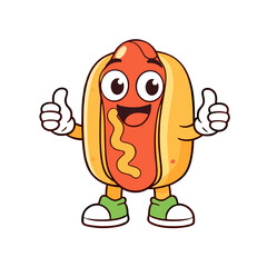 Obraz premium Smiling hot dog mascot giving two thumbs up in a cheerful pose. Classic street food character vector for fast food branding, snack packaging, menus, stickers and event ads.