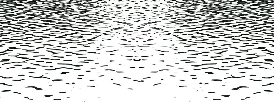 This high-contrast, black and white minimalist graphic depicts ripples on a water surface. The stylized liquid texture creates modern artistic perspective of calm waves or ocean tides