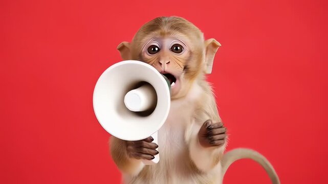 Cute Monkey Shouting Through Megaphone on Red Background