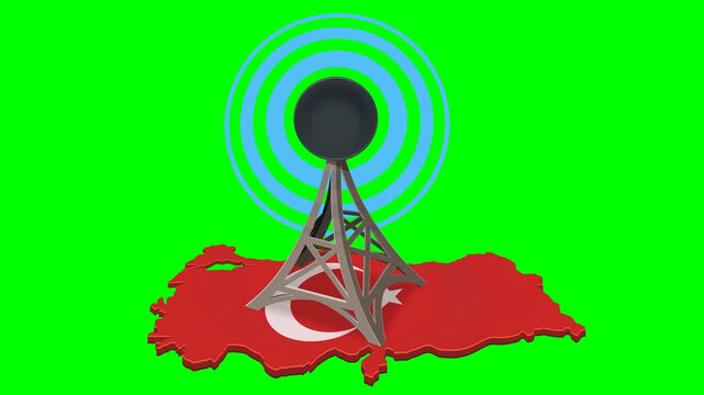 Telecommunication tower broadcasting signals over the map of Turkey. Concept of connectivity and national network. Chroma key green screen with alpha channel. (loopable)