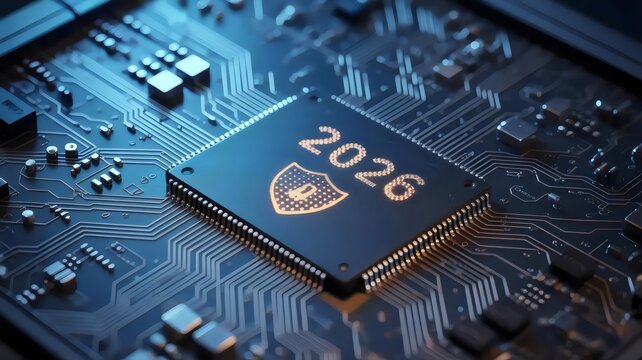 Macro of microchip with glowing security shield &ndash; Suitable for hardware security, high-tech engineering, or digital safety.